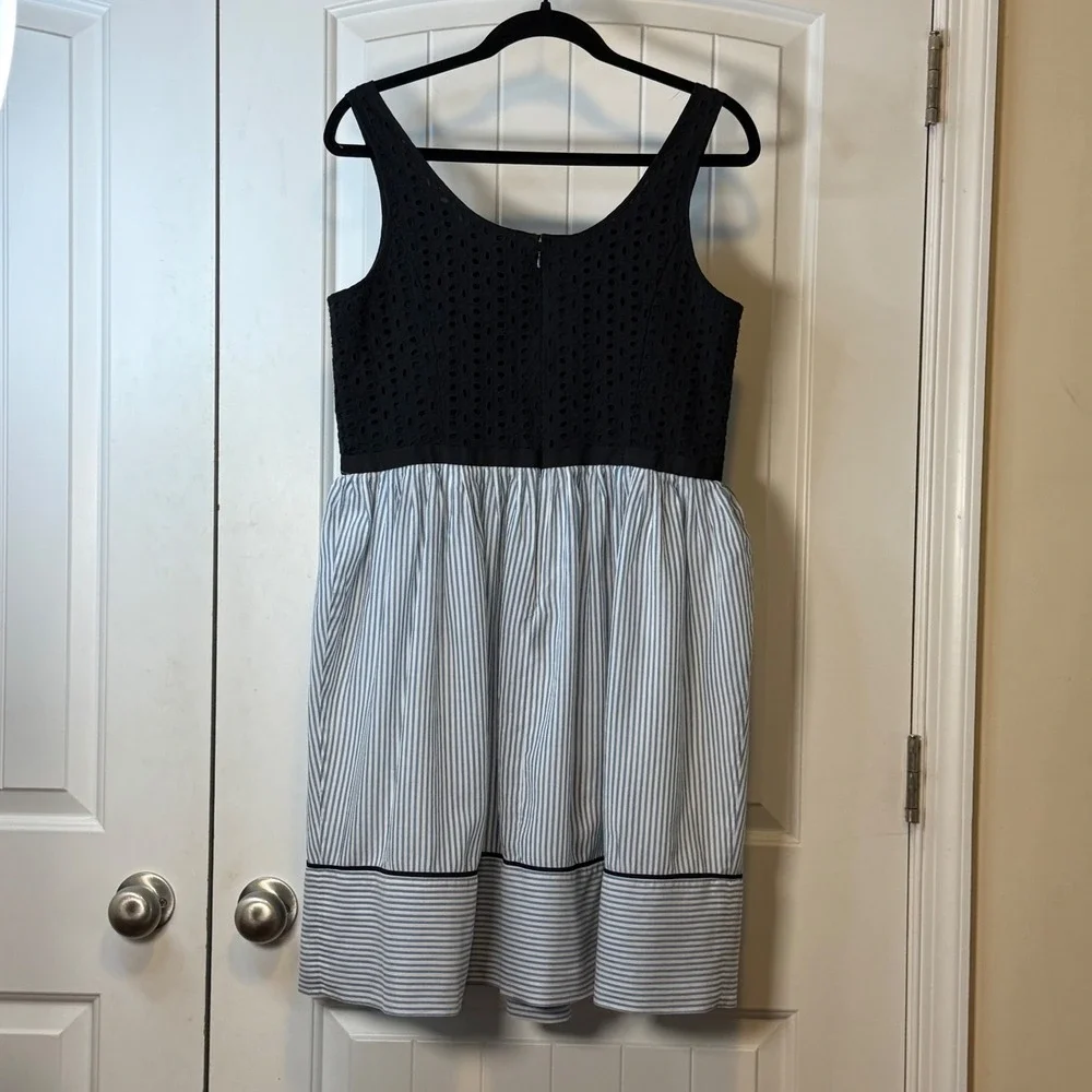 LOFT Eyelet Striped Fit & Flare Dress Blue White Black Petite 10P Sleeveless - Picture 3 of 12